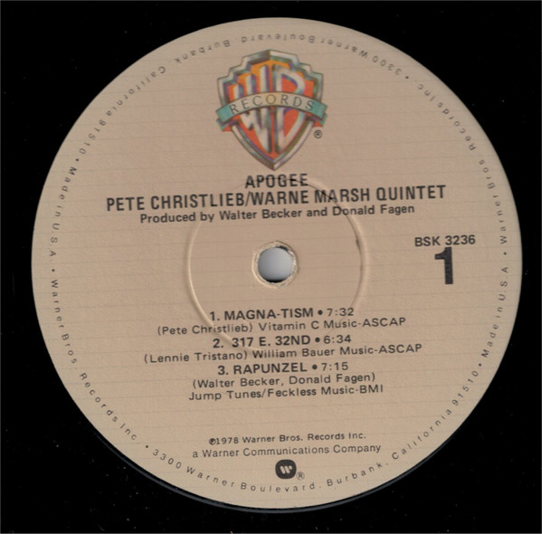 Pete Christlieb / Warne Marsh Quintet - Apogee | Warner Bros. Records (BSK 3236) - 3