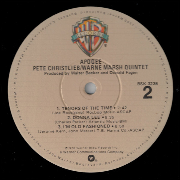Pete Christlieb / Warne Marsh Quintet - Apogee | Warner Bros. Records (BSK 3236) - 4