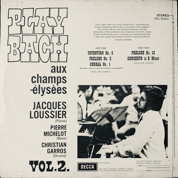 Jacques Loussier , Pierre Michelot , Christian Garros - Play Bach Aux Champs-Elysees Vol 2 | Decca (SKL 5040) - 2 Jacques Loussier , Pierre Michelot , Christian Garros - Play Bach Aux Champs-Elysees Vol 2 | Decca (SKL 5040) - 2