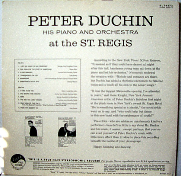 Peter Duchin And His Orchestra - At The St. Regis | Decca (DL 74373) - 2