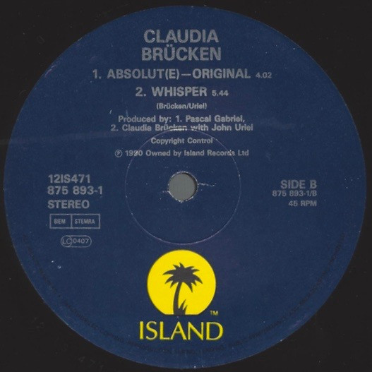 Claudia Brücken - Absolut[e] [Shooting Star 12" Mixed By Pascal Gabriel] - Shooting For The Stars | Island Records (12 IS471) - 4
