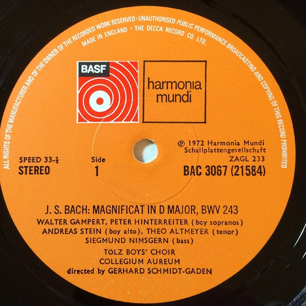 Johann Sebastian Bach , Theo Altmeyer , Siegmund Nimsgern , Tölzer Knabenchor , Collegium Aureum Directed By Gerhard Schmidt-Gaden - Magnificat In D Major / Christmas Cantata "Unser Mund Sei Voll Lachens" No.110 | BASF (BAC 3067) - 3 Johann Sebastian Bach , Theo Altmeyer , Siegmund Nimsgern , Tölzer Knabenchor , Collegium Aureum Directed By Gerhard Schmidt-Gaden - Magnificat In D Major / Christmas Cantata "Unser Mund Sei Voll Lachens" No.110 | BASF (BAC 3067) - 3