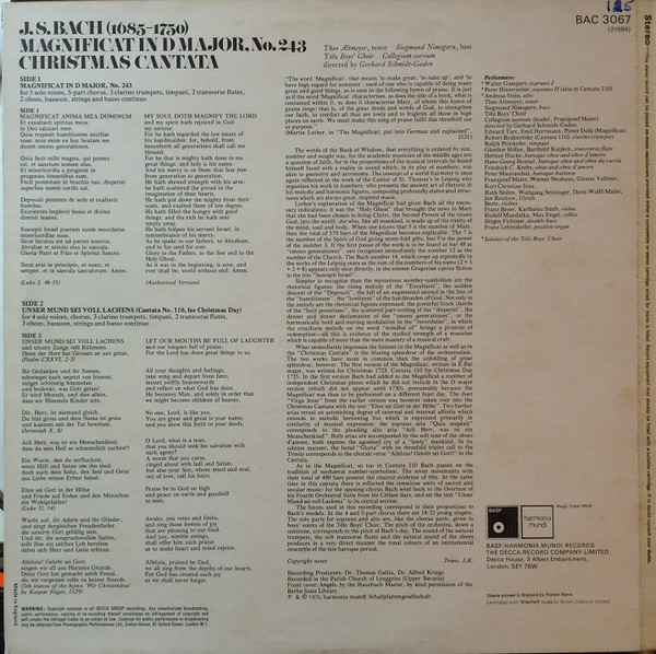Johann Sebastian Bach , Theo Altmeyer , Siegmund Nimsgern , Tölzer Knabenchor , Collegium Aureum Directed By Gerhard Schmidt-Gaden - Magnificat In D Major / Christmas Cantata "Unser Mund Sei Voll Lachens" No.110 | BASF (BAC 3067) - 2 Johann Sebastian Bach , Theo Altmeyer , Siegmund Nimsgern , Tölzer Knabenchor , Collegium Aureum Directed By Gerhard Schmidt-Gaden - Magnificat In D Major / Christmas Cantata "Unser Mund Sei Voll Lachens" No.110 | BASF (BAC 3067) - 2