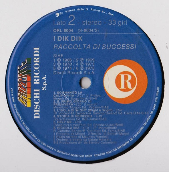 I Dik Dik - Raccolta Di Successi | Ricordi (ORL 8004) - 2