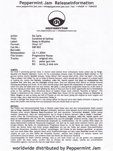 Da Carlo - Sunshine @ Salinas | Deep In Rhythm (DIR 002) - main Da Carlo - Sunshine @ Salinas | Deep In Rhythm (DIR 002) - main