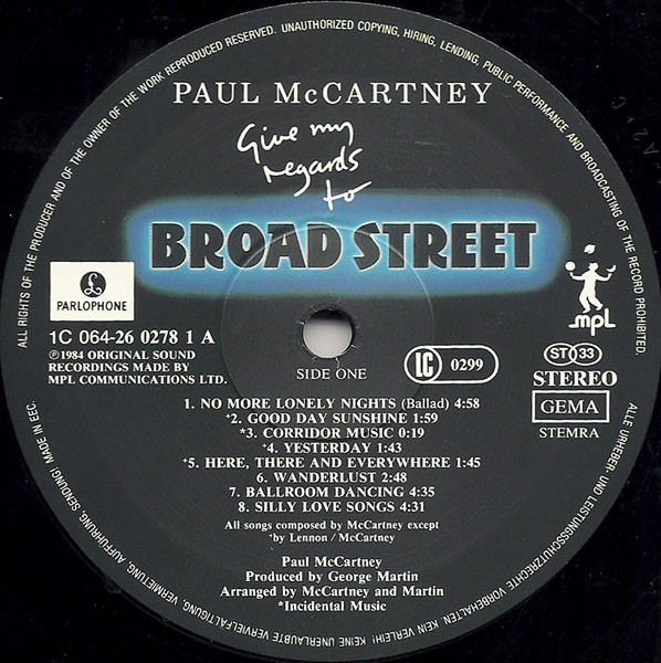 Paul McCartney - Give My Regards To Broad Street | Parlophone (064 26 0278 1) - 4 Paul McCartney - Give My Regards To Broad Street | Parlophone (064 26 0278 1) - 4