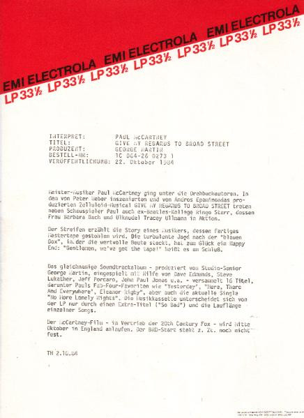 Paul McCartney - Give My Regards To Broad Street | Parlophone (064 26 0278 1) - 8 Paul McCartney - Give My Regards To Broad Street | Parlophone (064 26 0278 1) - 8