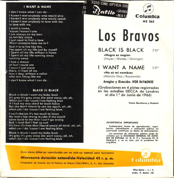 Los Bravos - Black Is Black / I Want A Name | Columbia (ME 265)