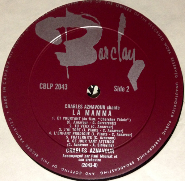 Charles Aznavour - Charles Aznavour Chante La Mamma | Barclay (CBLP 2043) - 4