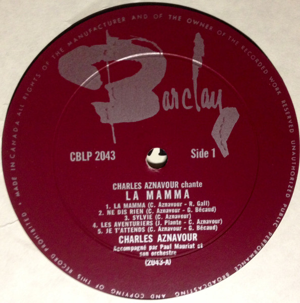 Charles Aznavour - Charles Aznavour Chante La Mamma | Barclay (CBLP 2043) - 3