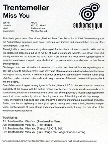 Trentemøller - Miss You | Audiomatique Recordings (AM28) - main Trentemøller - Miss You | Audiomatique Recordings (AM28) - main
