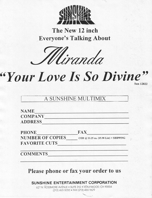 Miranda - (Your Love Is) So Divine | Sunshine Entertainment (SUN 12822) - 4