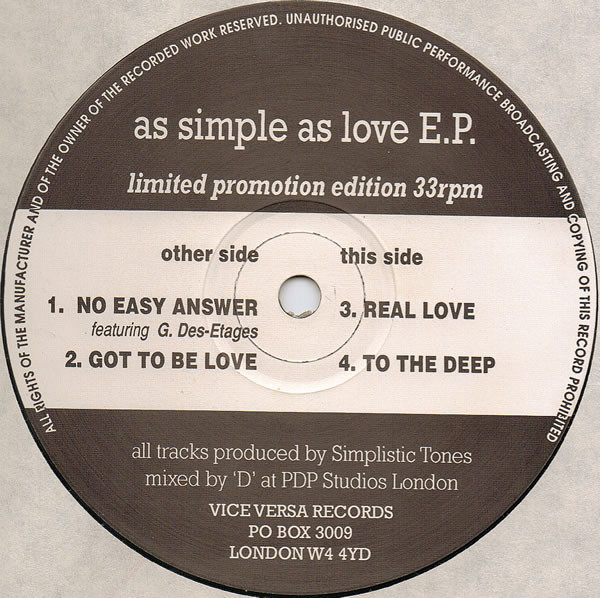 Simplistic Tones - As Simple As Love E.P. | Vice Versa Records (VVR ST 001)