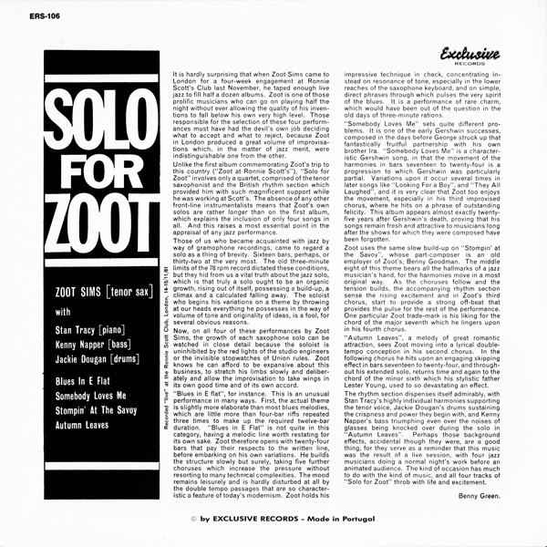 Zoot Sims - Solo For Zoot | Exclusive Records (ERS-106) - 2 Zoot Sims - Solo For Zoot | Exclusive Records (ERS-106) - 2