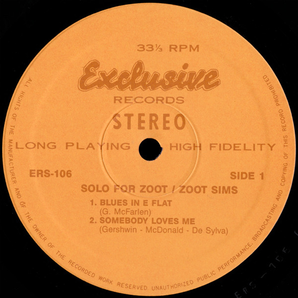 Zoot Sims - Solo For Zoot | Exclusive Records (ERS-106) - 3 Zoot Sims - Solo For Zoot | Exclusive Records (ERS-106) - 3
