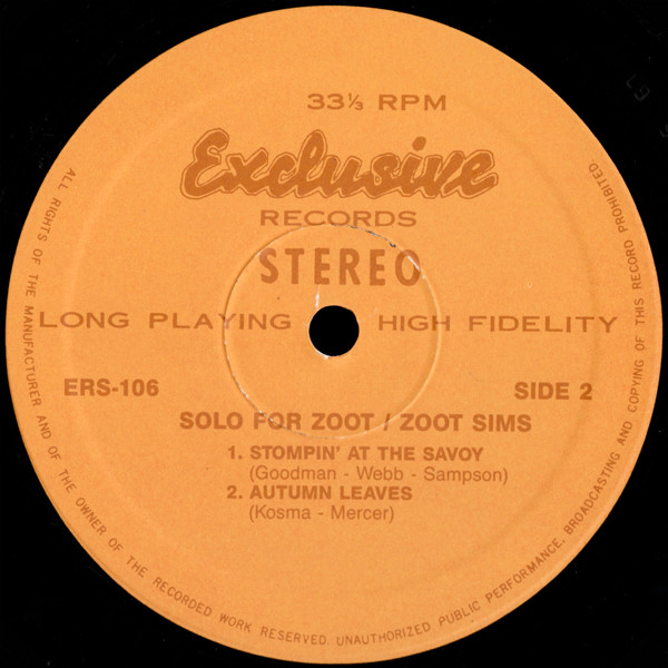 Zoot Sims - Solo For Zoot | Exclusive Records (ERS-106) - 4 Zoot Sims - Solo For Zoot | Exclusive Records (ERS-106) - 4