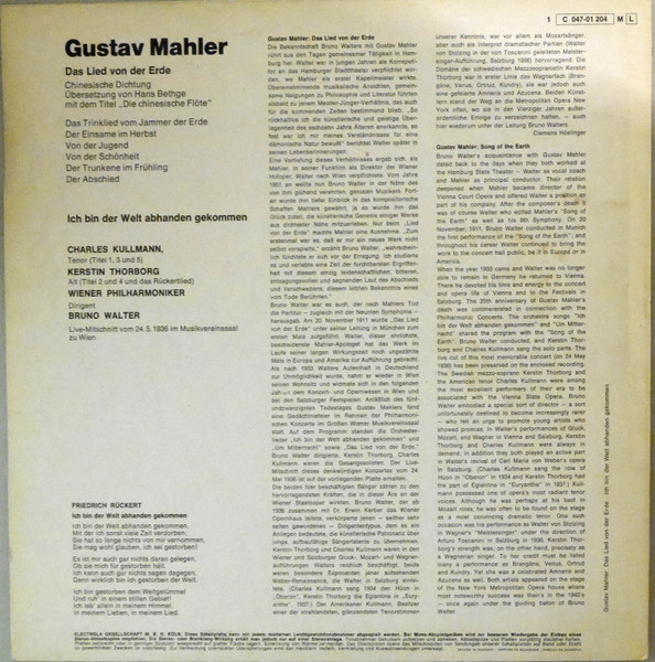 Bruno Walter Conducts Gustav Mahler - Kerstin Thorborg & Charles Kullman - Wiener Philharmoniker - Das Lied Von Der Erde; Ich Bin Der Welt Abhanden Gekommen | Dacapo (1C 047-01 204) - 2 Bruno Walter Conducts Gustav Mahler - Kerstin Thorborg & Charles Kullman - Wiener Philharmoniker - Das Lied Von Der Erde; Ich Bin Der Welt Abhanden Gekommen | Dacapo (1C 047-01 204) - 2