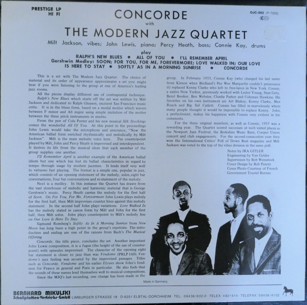 The Modern Jazz Quartet - Concorde | Original Jazz Classics (OJC-002) - 2