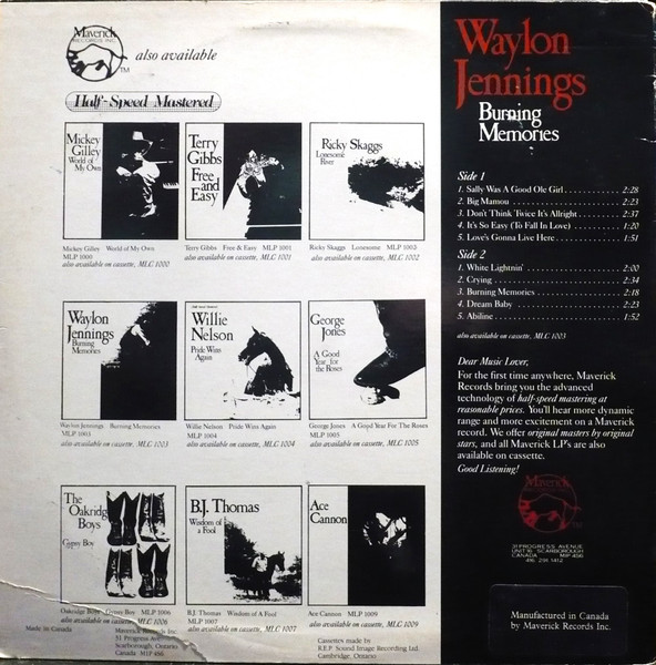 Waylon Jennings - Burning Memories | Maverick Records Inc. (MLP 1003) - 2