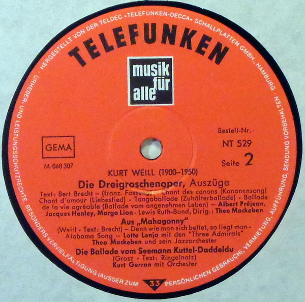 Bertolt Brecht - Kurt Weill , Lotte Lenya - Dreigroschenoper Mahagonny | Telefunken (NT 529) - 4 Bertolt Brecht - Kurt Weill , Lotte Lenya - Dreigroschenoper Mahagonny | Telefunken (NT 529) - 4