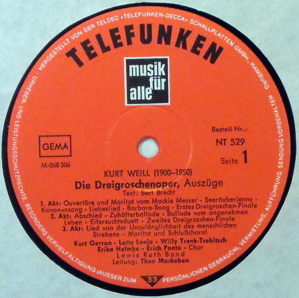 Bertolt Brecht - Kurt Weill , Lotte Lenya - Dreigroschenoper Mahagonny | Telefunken (NT 529) - 3 Bertolt Brecht - Kurt Weill , Lotte Lenya - Dreigroschenoper Mahagonny | Telefunken (NT 529) - 3