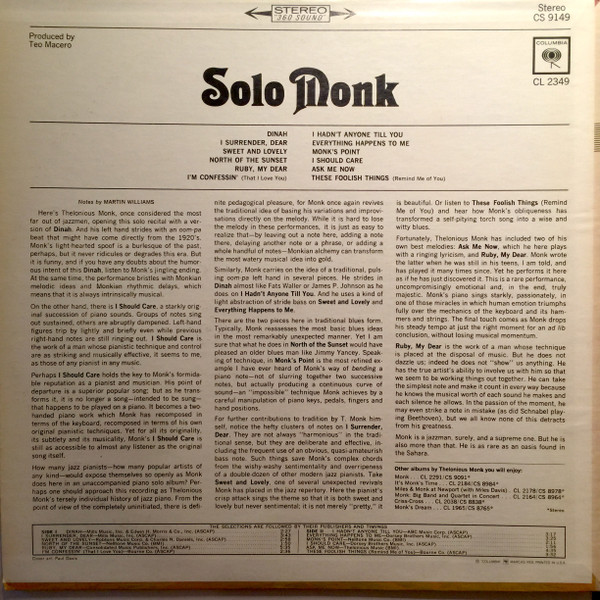 Thelonious Monk - Solo Monk | Columbia (CS 9149) - 2