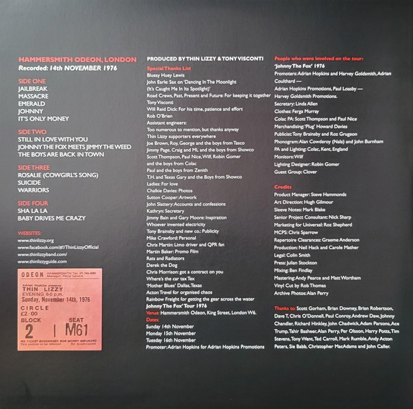 Thin Lizzy - Live And Dangerous At Hammersmith 14 Nov 1976 - 2LP | Universal Music Recordings (0819050) - 2