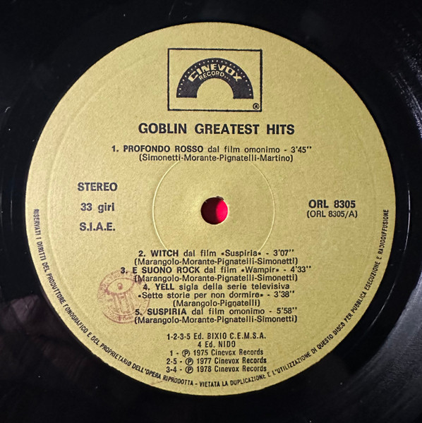 Goblin - Greatest Hits | Cinevox Record (ORL 8305) - 3