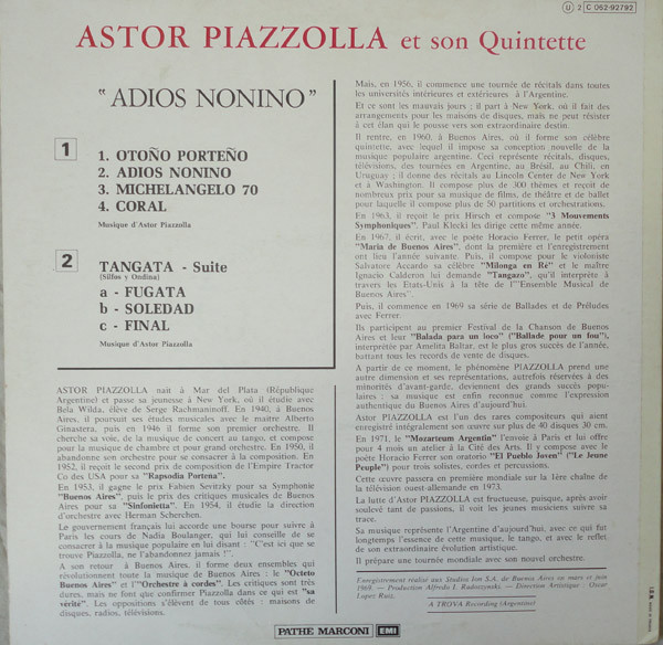 Astor Piazzolla Y Su Quinteto - Adios Nonino | Columbia (2C 062-92792)