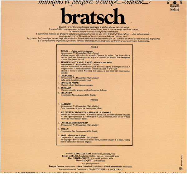 Bratsch - J'Aime Un Voyou, Maman | Le Chant Du Monde (LDX 74729)