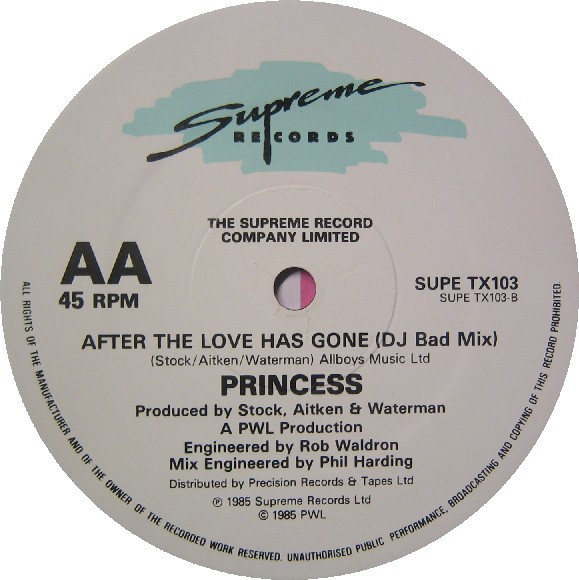 Princess - After The Love Has Gone | Supreme Records (SUPETX 103) - 4