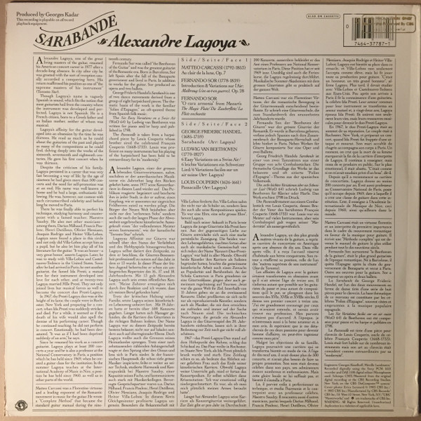 Alexandre Lagoya , Georg Friedrich Händel , Fernando Sor , Matteo Carcassi , Ludwig van Beethoven , Louis Couperin - Sarabande [Vinyl] | CBS Masterworks (IM 37787) - 2