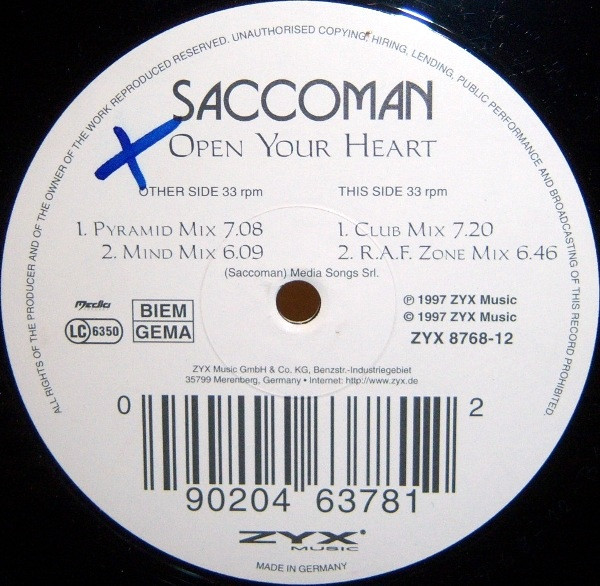 Saccoman - Open Your Heart  | ZYX Music (ZYX 8768-12) - 2