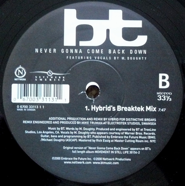 BT Featuring M. Doughty - Never Gonna Come Back Down | Nettwerk (0 6700 33113 1 1) - 4