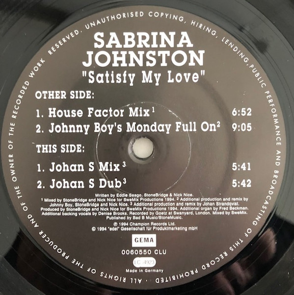 Sabrina Johnston - Satisfy My Love | Club Tools (006055-0 CLU)