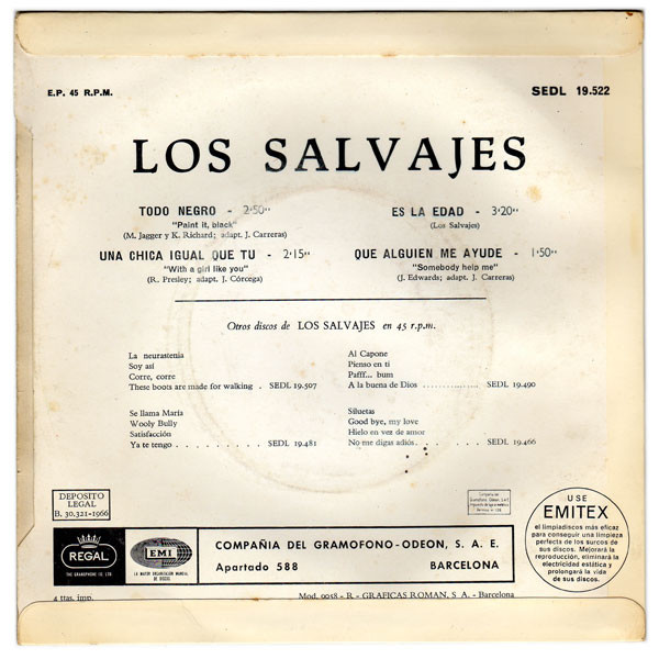 Los Salvajes - Todo Negro / Una Chica Igual Que Tu / Es La Edad / Que Alguien Me Ayude | Regal (SEDL 19.522)