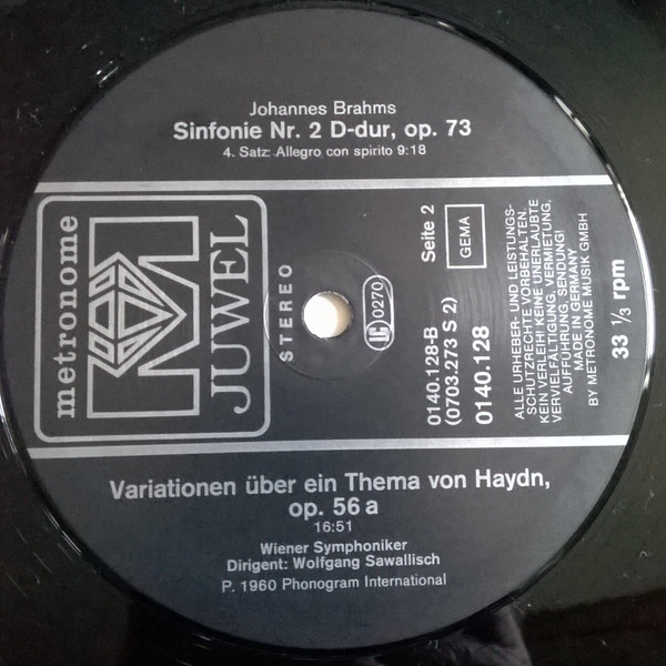 Johannes Brahms - Wiener Symphoniker , Wolfgang Sawallisch - Sinfonie Nr. 2 D-Dur Op. 73 / Haydn Variationen | Metronome Juwel (0140.128) - 4