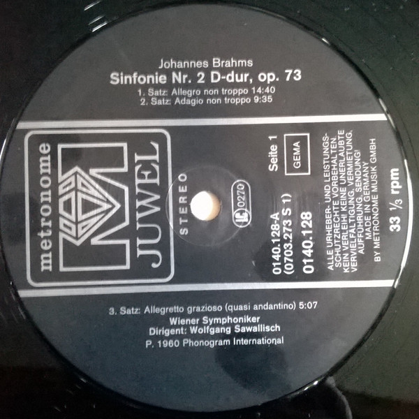 Johannes Brahms - Wiener Symphoniker , Wolfgang Sawallisch - Sinfonie Nr. 2 D-Dur Op. 73 / Haydn Variationen | Metronome Juwel (0140.128) - 3