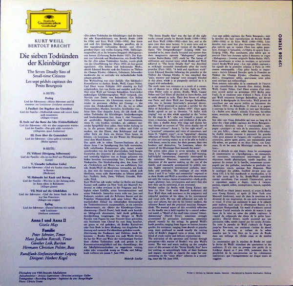 Bertolt Brecht & Kurt Weill - Gisela May - Die Sieben Todsünden (Les Sept Péchés Capitaux) | Deutsche Grammophon (SLPM 139 308) - 2