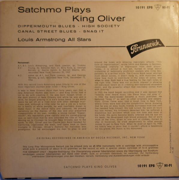 Louis Armstrong And His All-Stars - Satchmo Plays King Oliver | Brunswick (10 191 EPB) - 2