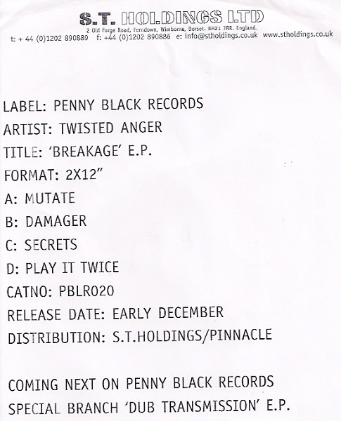 Twisted Anger - Breakage EP | Penny Black (PBLR 020) - main Twisted Anger - Breakage EP | Penny Black (PBLR 020) - main