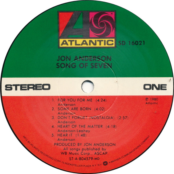 Jon Anderson - Song Of Seven | Atlantic (SD 16021) - 2