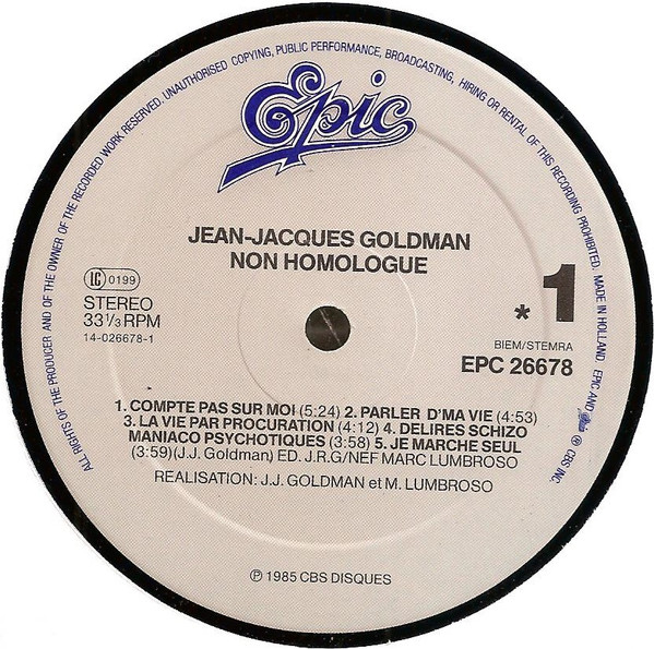 Jean-Jacques Goldman - Non Homologué | Epic (EPC 26678) - 4