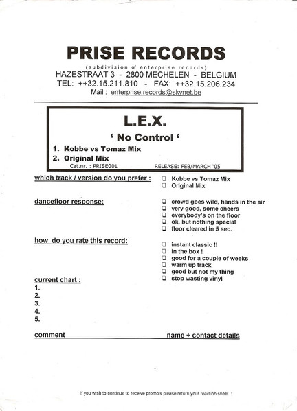 L.E.X. - No Control | Prise Records (PRISE 001) - main