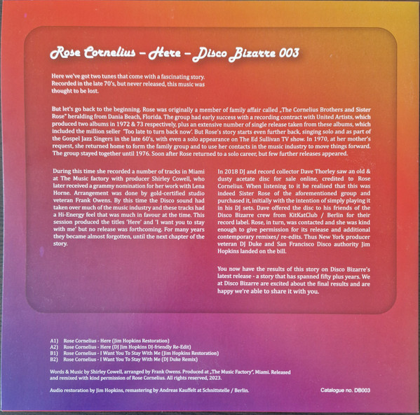 Rose Cornelius - Here | Disco Bizarre (DB 003) - 3