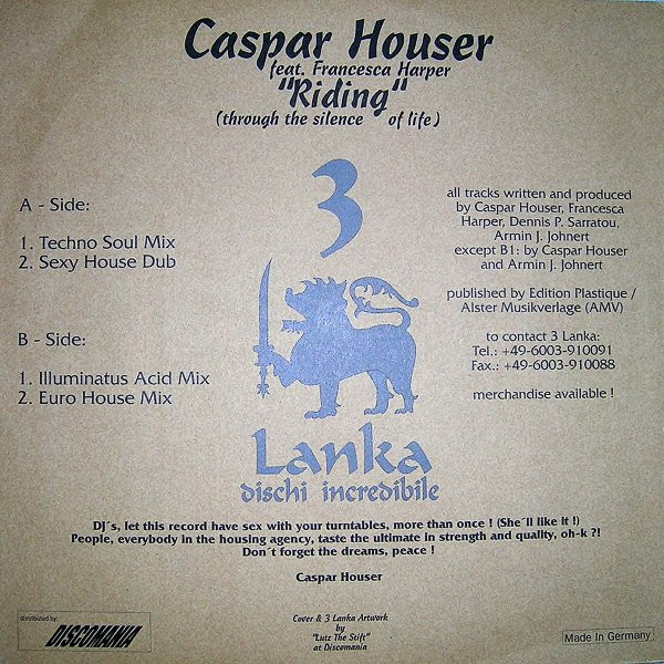 Caspar Houser Featuring Francesca Harper - Riding (Through The Silence Of Life) | 3 Lanka (3Lan002) - 2 Caspar Houser Featuring Francesca Harper - Riding (Through The Silence Of Life) | 3 Lanka (3Lan002) - 2