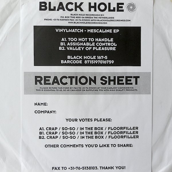 Vinylwatch - Mescaline E.P. | Black Hole Recordings (BLACK HOLE 167-5) - 3 Vinylwatch - Mescaline E.P. | Black Hole Recordings (BLACK HOLE 167-5) - 3