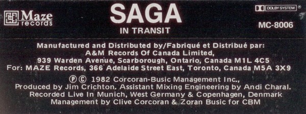 Saga - In Transit [Cassette] | Maze Records (MC-8006) - 2