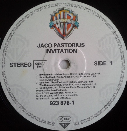 Jaco Pastorius - Invitation | Warner Bros. Records (92-3876-1) - 3