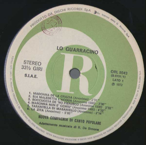Nuova Compagnia Di Canto Popolare - Lo Guarracino | Ricordi (ORL 8043) - 3